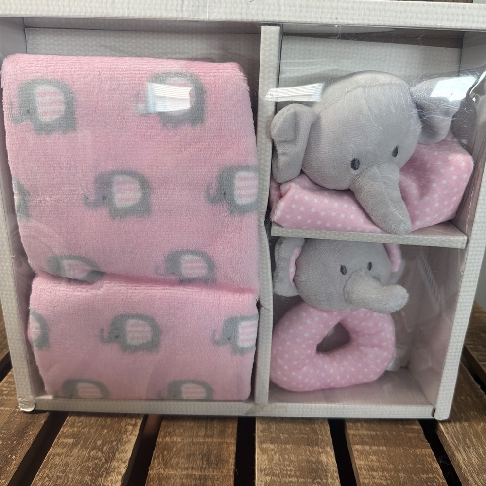 Baby Kiss 3 Piece Blanket Set Gift Box Blanket Rattle Snuggle Buddy Girl Present